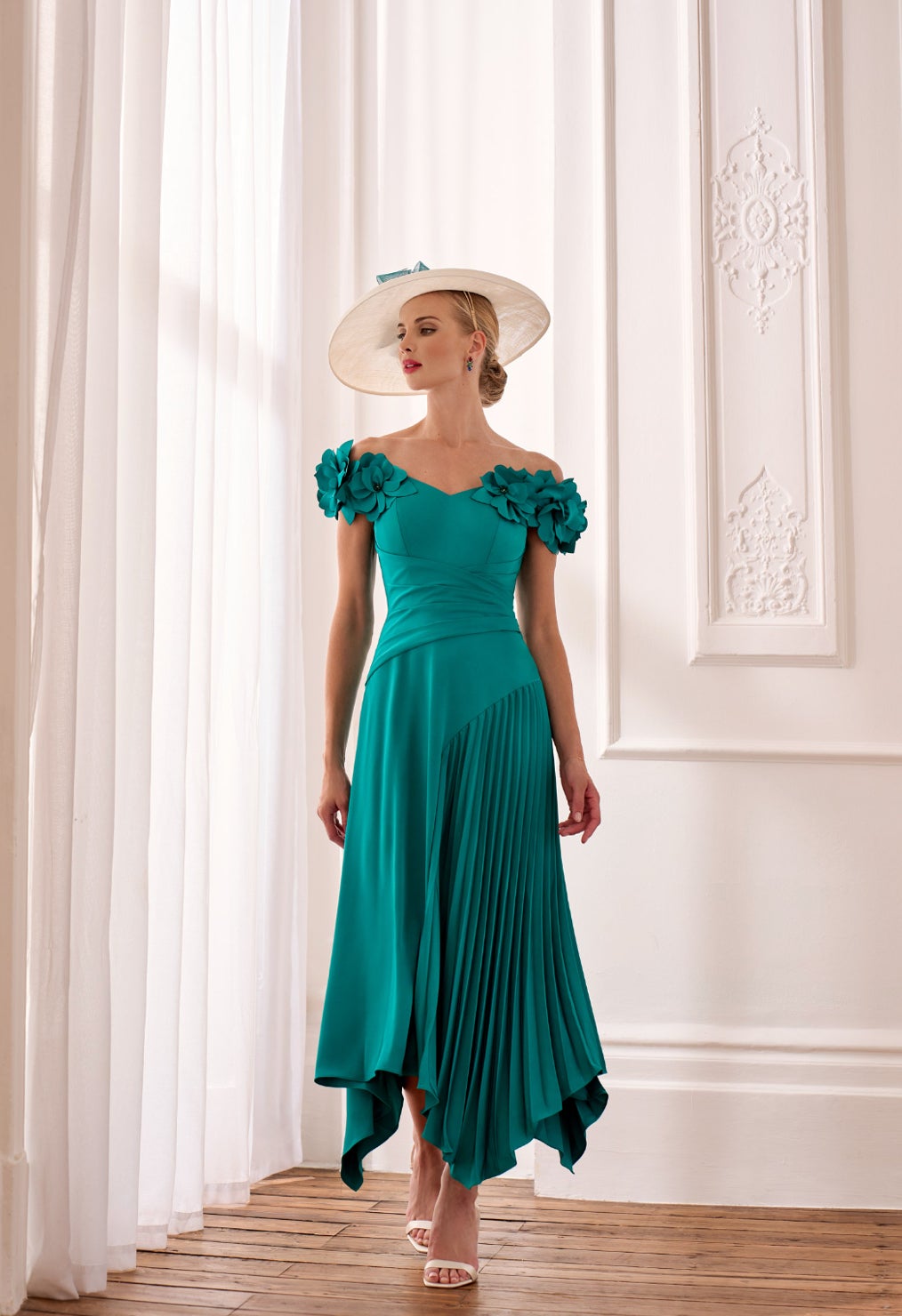 John Charles / 66632B Crepe & Cut Work Dress Peacock | Thirty  