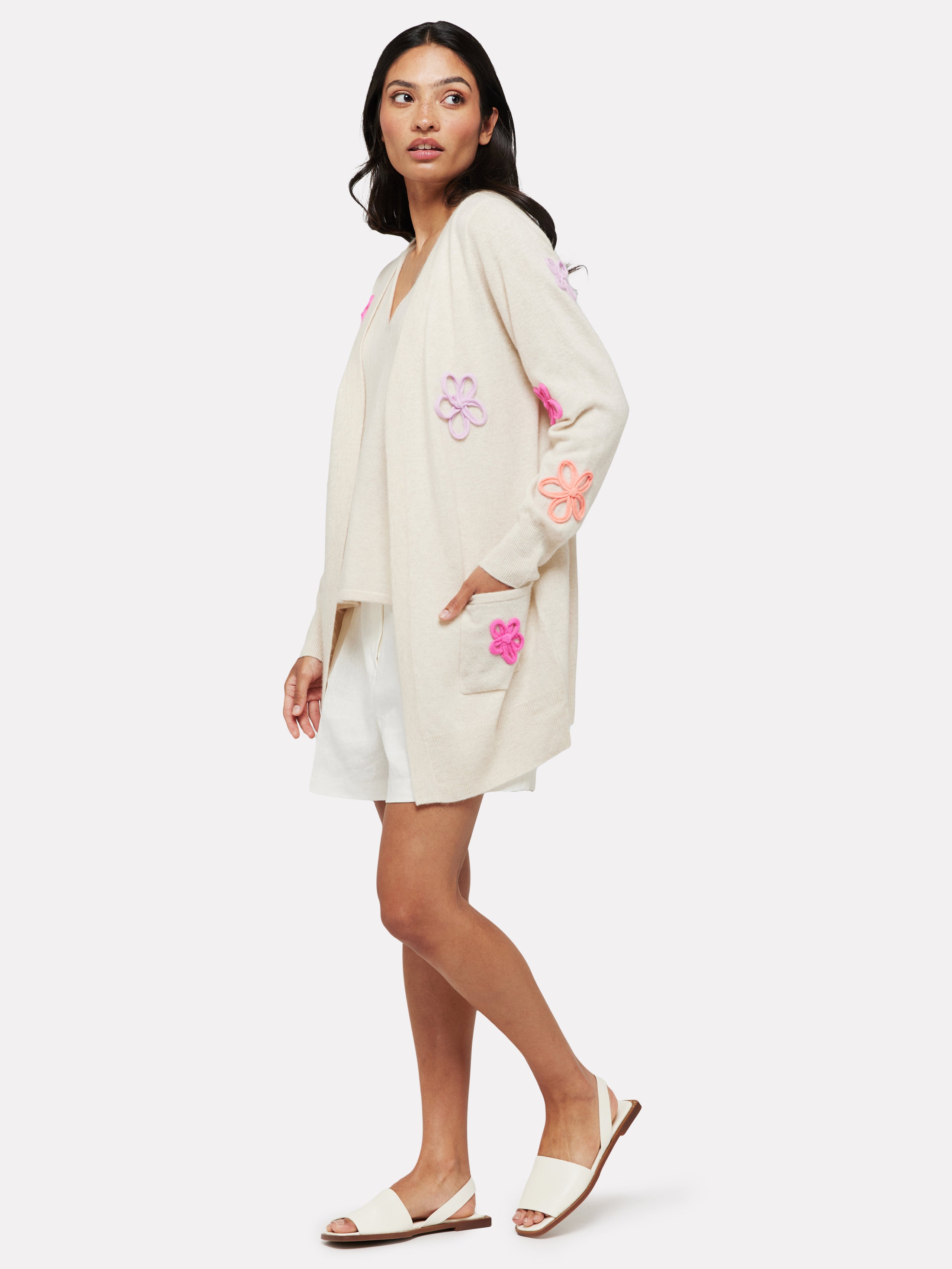 Brodie Cashmere Flower Pop Cardigan White Pink Thirty Three